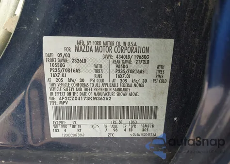 2003 Mazda Tribute z USA, uszkodzony, nr VIN ISAACWINKLEMAN